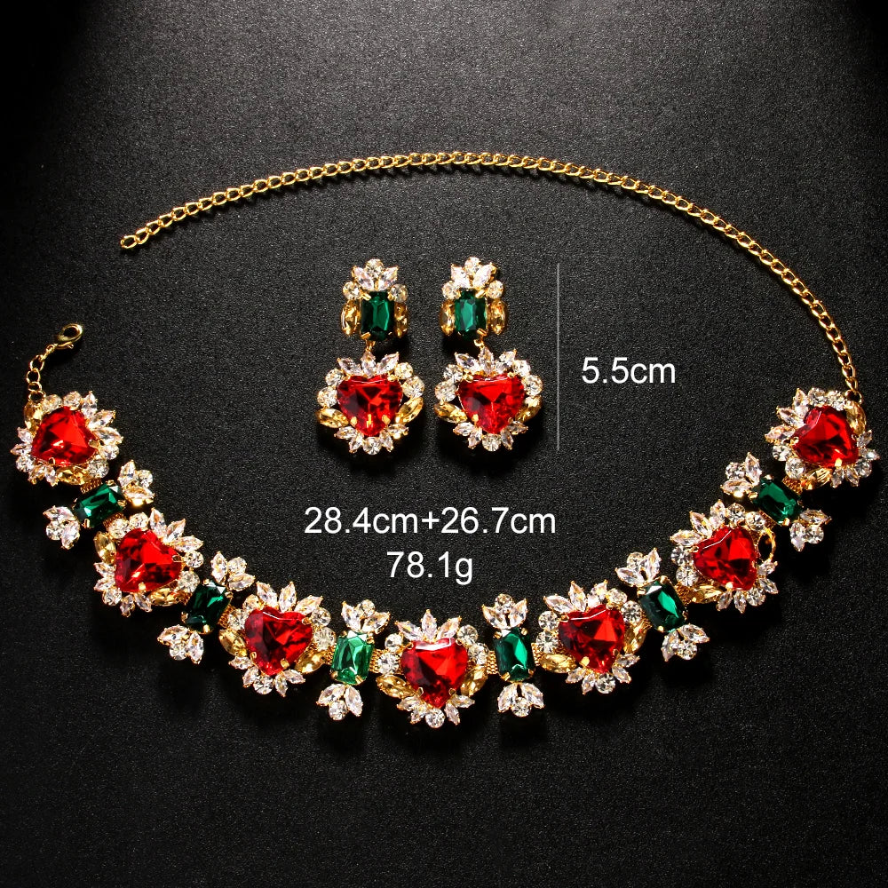 Multicolor Heart Necklace and Earring Set Charm Rhinestone Statement Jewelry Set