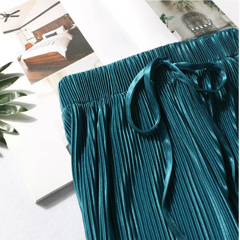 Women's Fashion Summer Wide Leg Pants Pleated Ice Silk Trousers Elastic Waist Loose Casual Pants