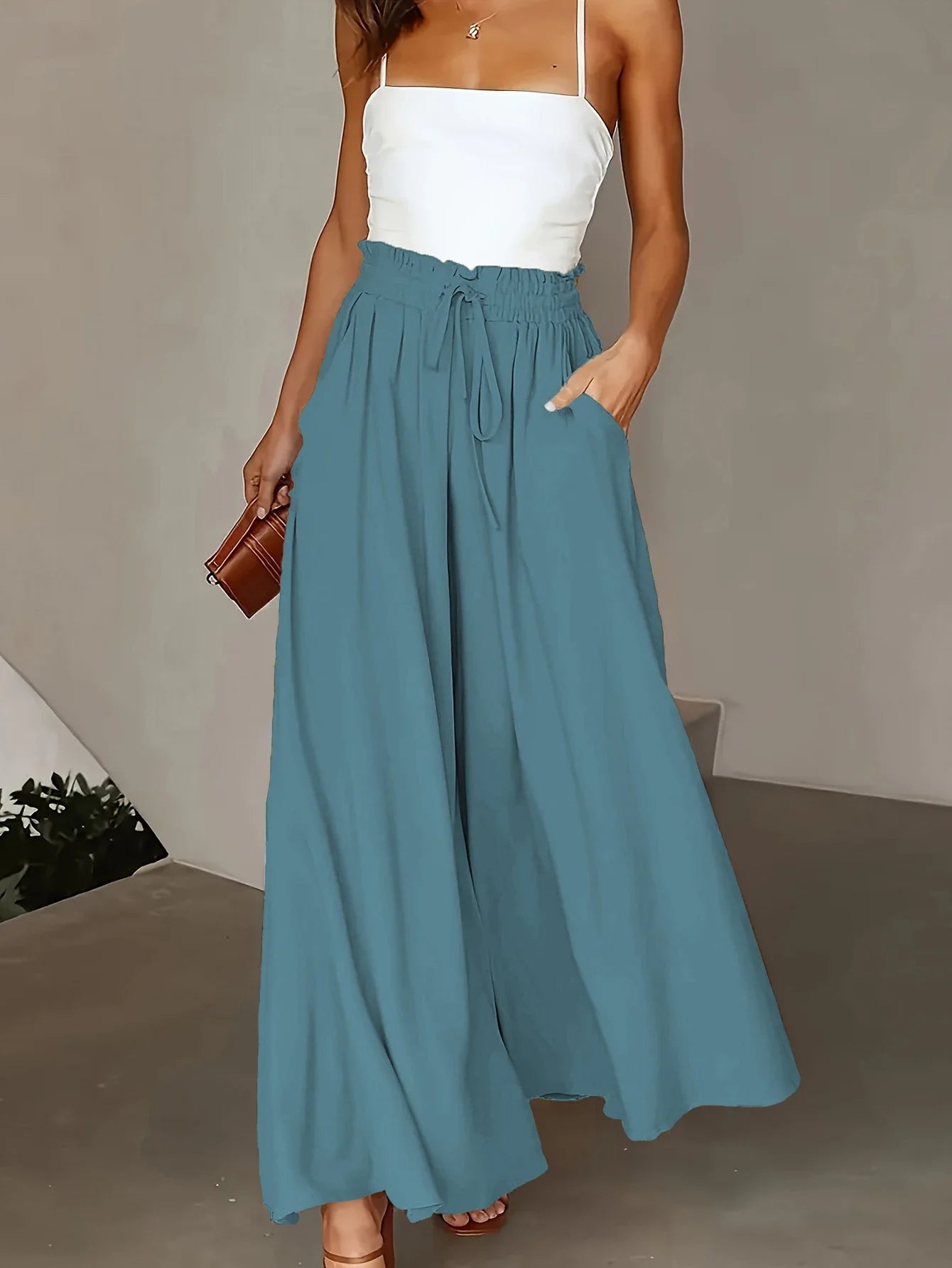 Plus Size Wide Leg Pants Comfortable Slight Stretch Fabric Elegant Solid Color Design Pocket Details Drawstring Elastic