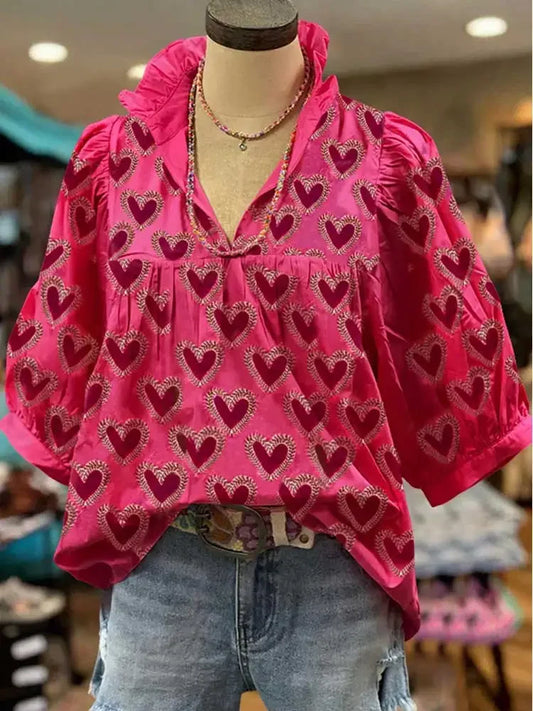Ruffle V-neck Heart Print Puff Sleeve Top