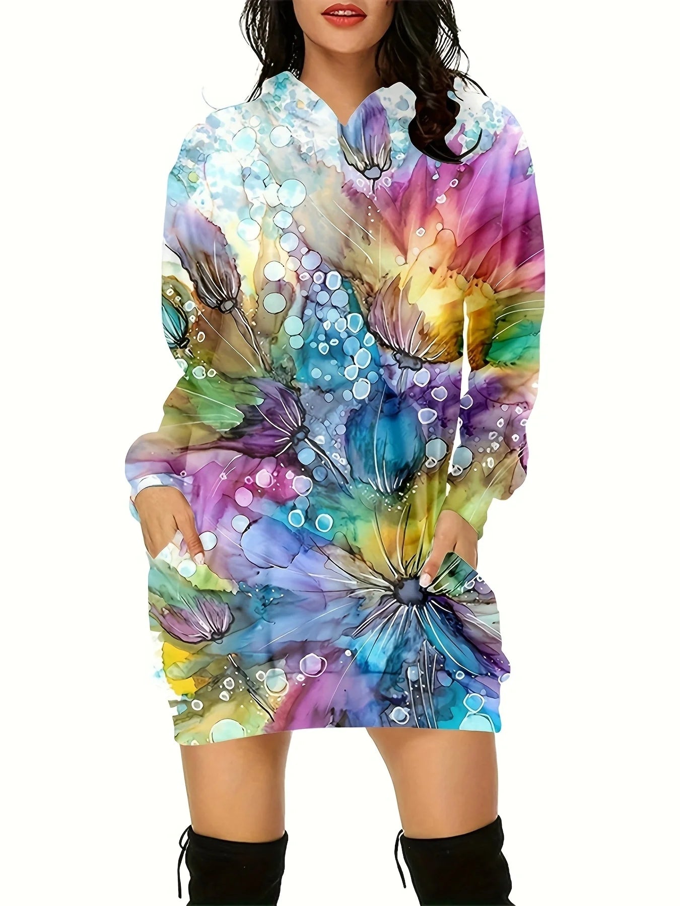 Colorful 3D Pattern Printed Hooded Dress, Long-sleeved