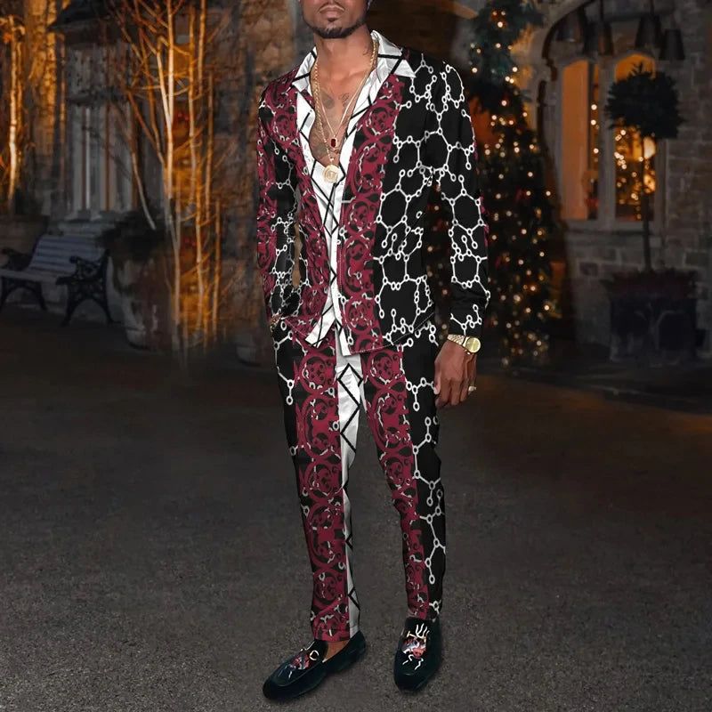 Retro Men's Shirt Suits 3D Luxury Print Fashion Men Casual Breathable Men's Lapel Long Sleeve Shirt Long Pants2 Pcs Set