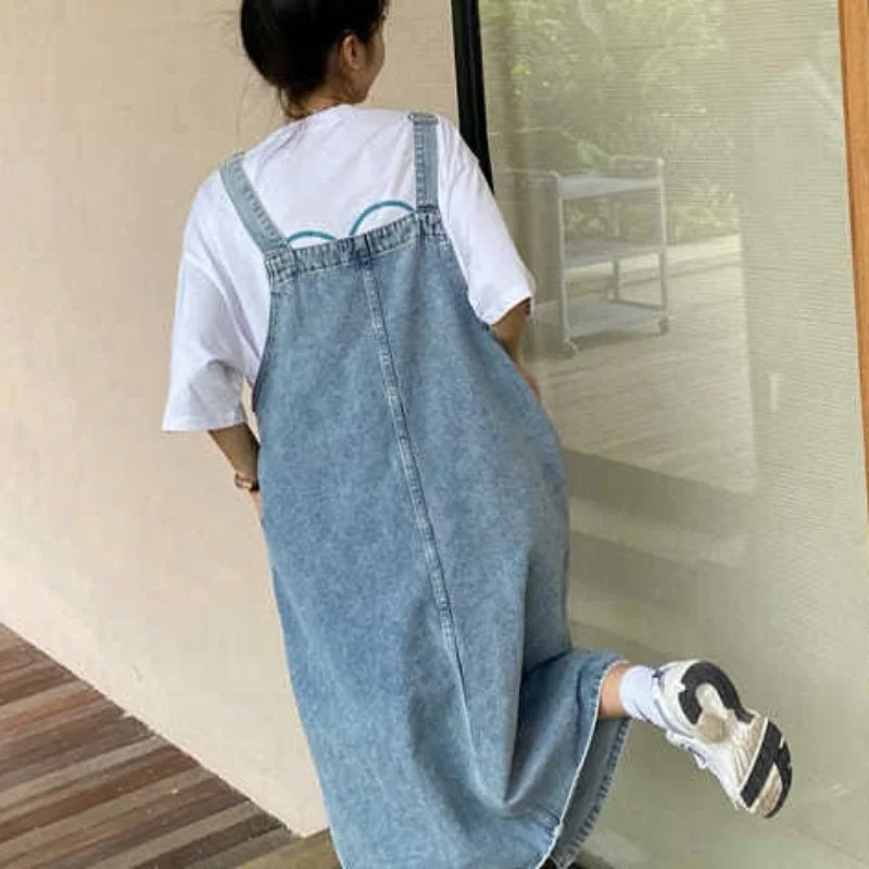 Denim Overall Dress Women Sleeveless Jeans Dresses Fashion Female Solid Slip Casual Loose  Strap Dresses