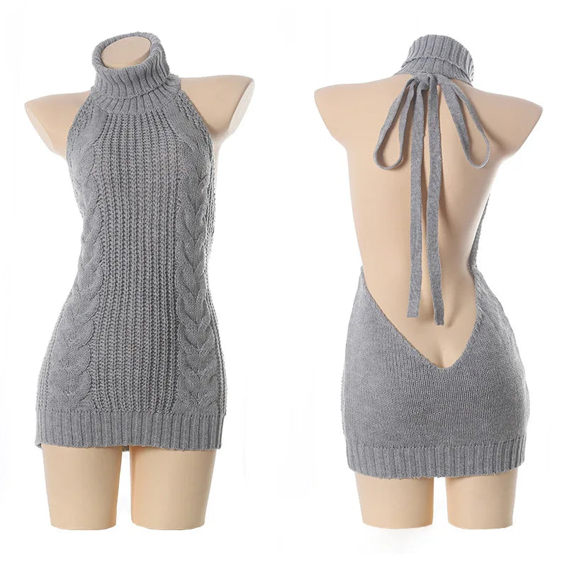Fashion Backless Sleeveless Off Shoulder Knitted Pullover Sweaters Turtleneck Jumper