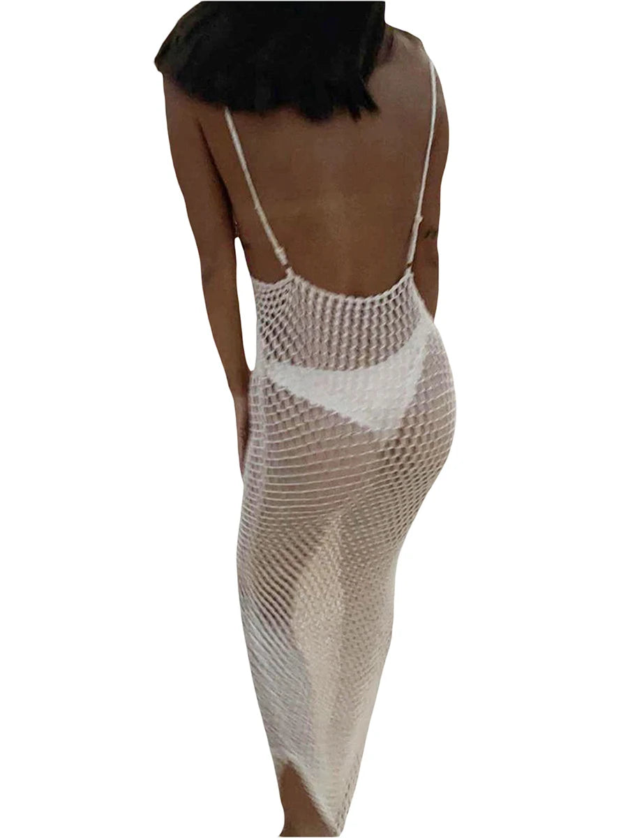 Knitted Beach Cover Ups Crochet Cutout Backless Dress for Bikini Swimsuit