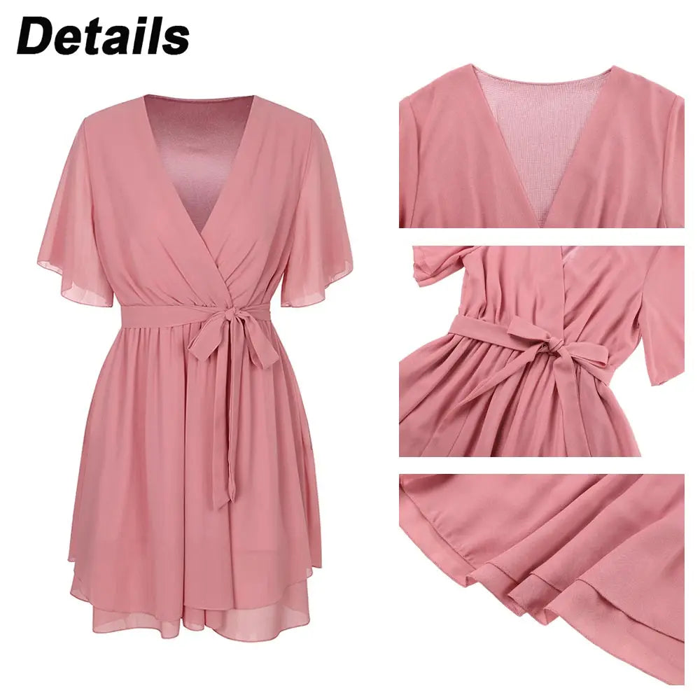 Chiffon Short Sleeve Slim Fit  Vintage Dress