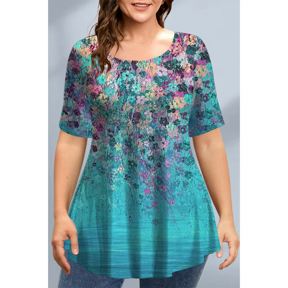 Women's T-Shirts Spring Clothing Floral Graphic O-Neck Pullovers Short Sleeve Tops Streetwear Oversized Apparel Ladies