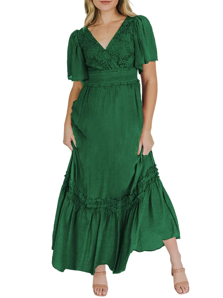 Women's V Neck Formal V Neck Maxi Dress Ruffle Fringe Short Sleeve Boho Long Dresses