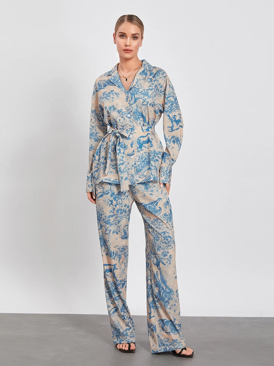 Women Pants Suit Long Sleeve Shirt with Wide Leg Pants and Belt Office Outfit Loungewear