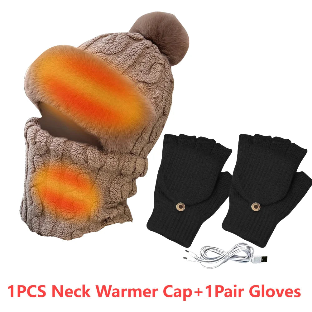 Heated Neck Warmer Cap USB Half Finger Gloves And USB Electric Plush Beanie Hat Scarf  Ear Protection Windproof Warmer Scarf Hat
