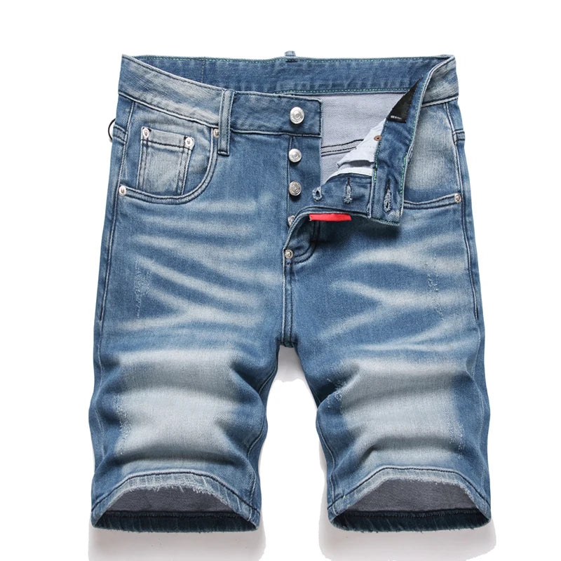 fashion blue Denim Shorts Summer Holes BUTTON FLY Shorts Jeans High Quality Stretch Fit Denim Jeans Shorts