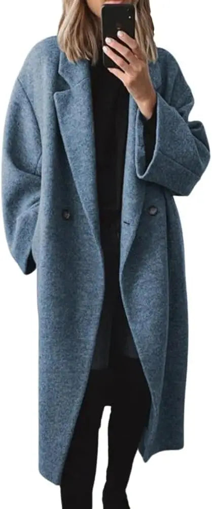Double Breasted faux wool Coat Long Sleeve Notch Lapel Long Trench Coat