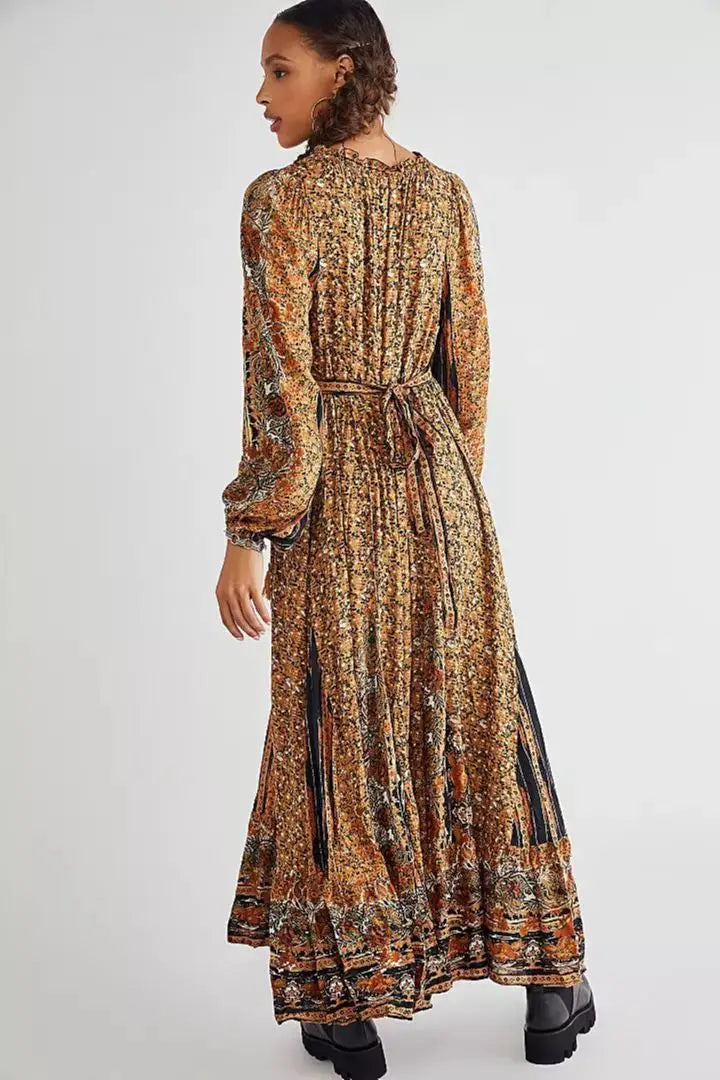 Chiffon Floral Printed Maxi Dresses For Women Robe Vintage Lantern Long Sleeve V Neck Tassel Loose Dress Boho Beach
