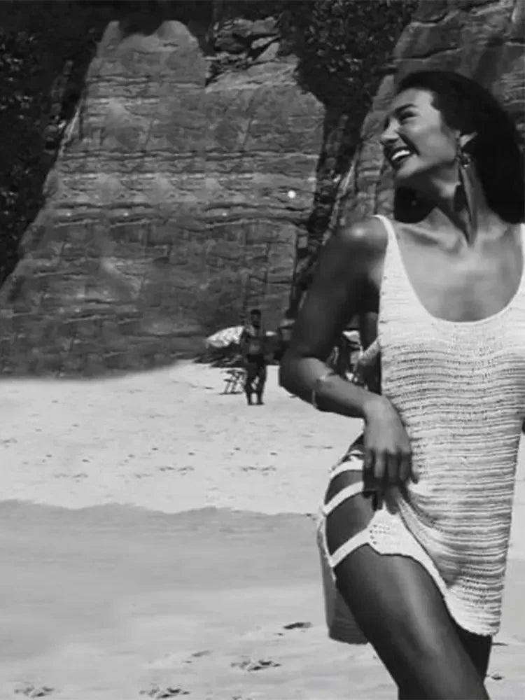 Women's Sexy U Neck Sleeveless Knit Horizontal Stripes Side Cut Out Beach Mini Dress Beachwear Swimsuit Cover Up