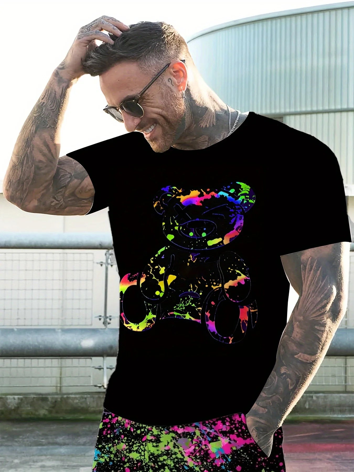 Bear 3D printed men's suit casual short sleeve street clothing hip hop two piece outfit