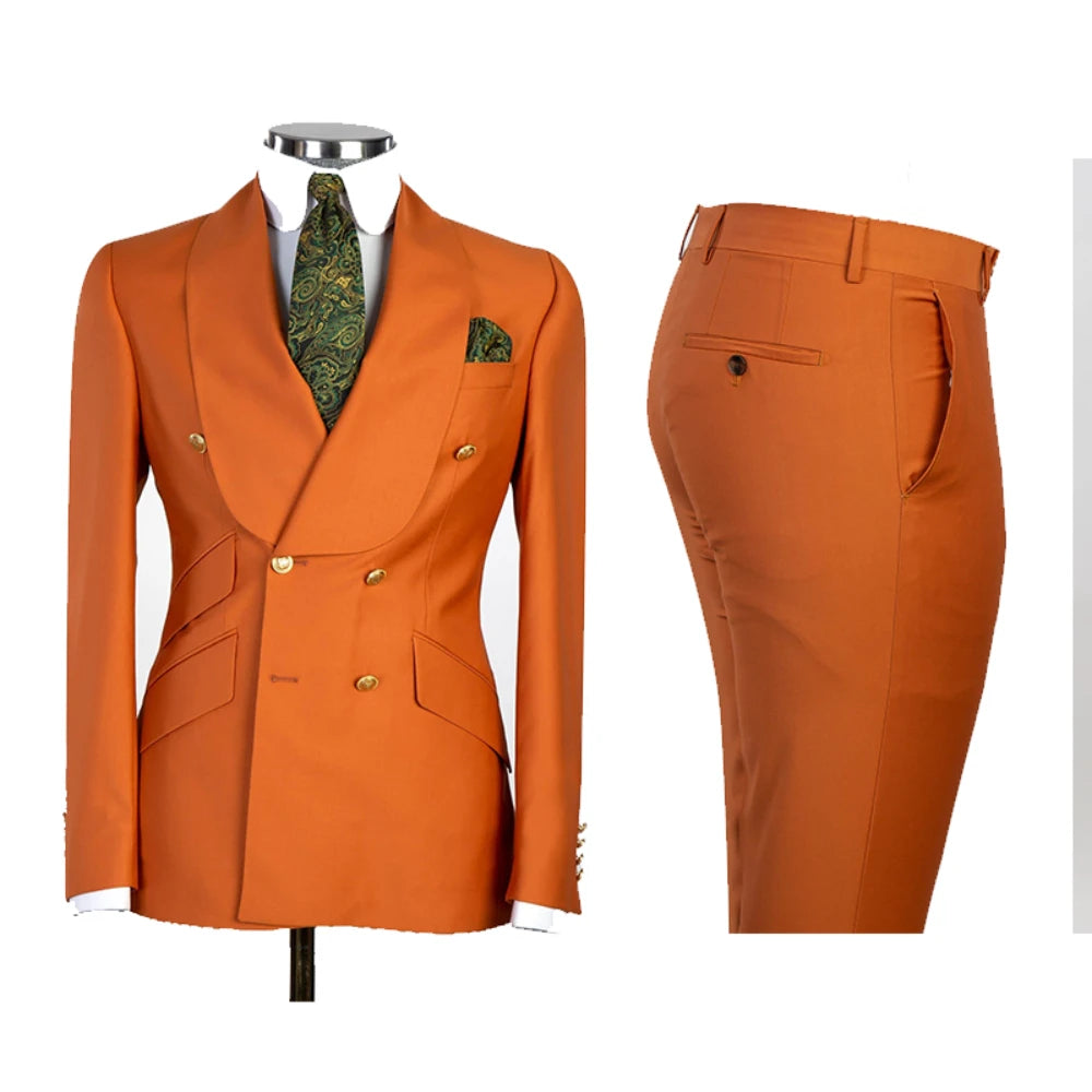 Gold Men Business Casual Men's Suits Jacket Pants Set Male Blazer Coat Pants 2PCS Slim Fit Suits