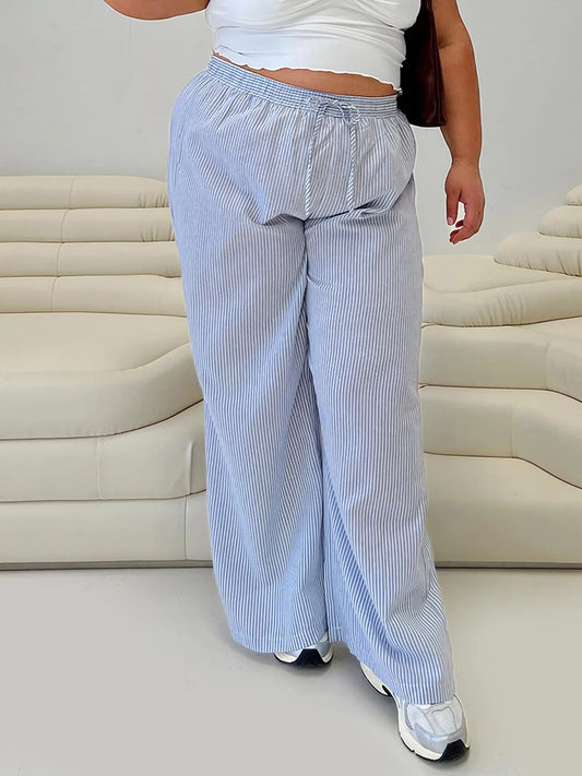 Women Plus Size Pants Solid Color High Waist Wide Leg Trousers Spring Summer Casual Loose Fit  Bottoms with Pockets