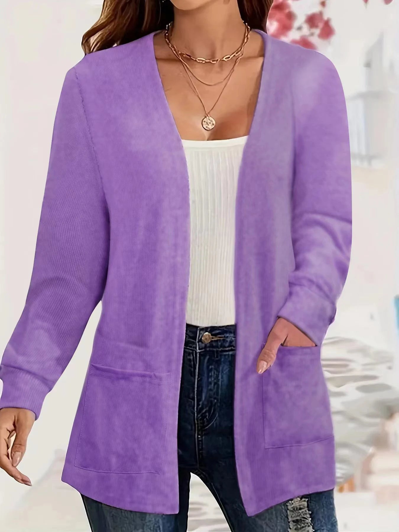 European and American foreign trade thin fashion solid color pocket thin knitted women's buttonless cardigan