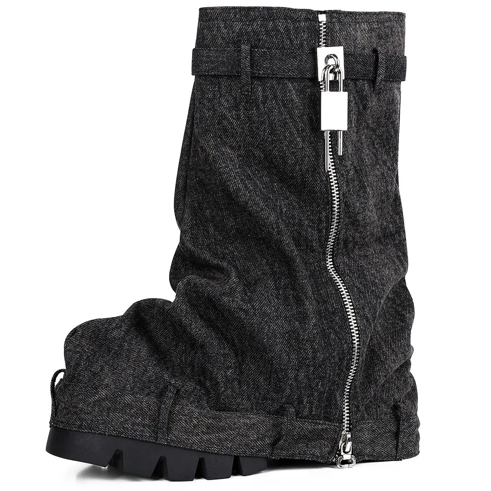 Punk  Fold Over Boots Slouchy Boots Wide Calf Pleated Platform Denim Boots Chunky Stacked Boots Mid Calf Boots