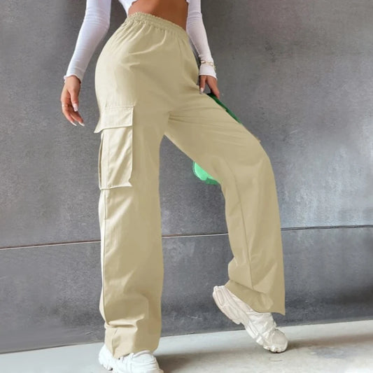 Elastic Waist Fashionable Workwear Pants High Waist Wide Leg Pants Loose Solid Color Casual Sports Pants WOMEN'S Sportswear