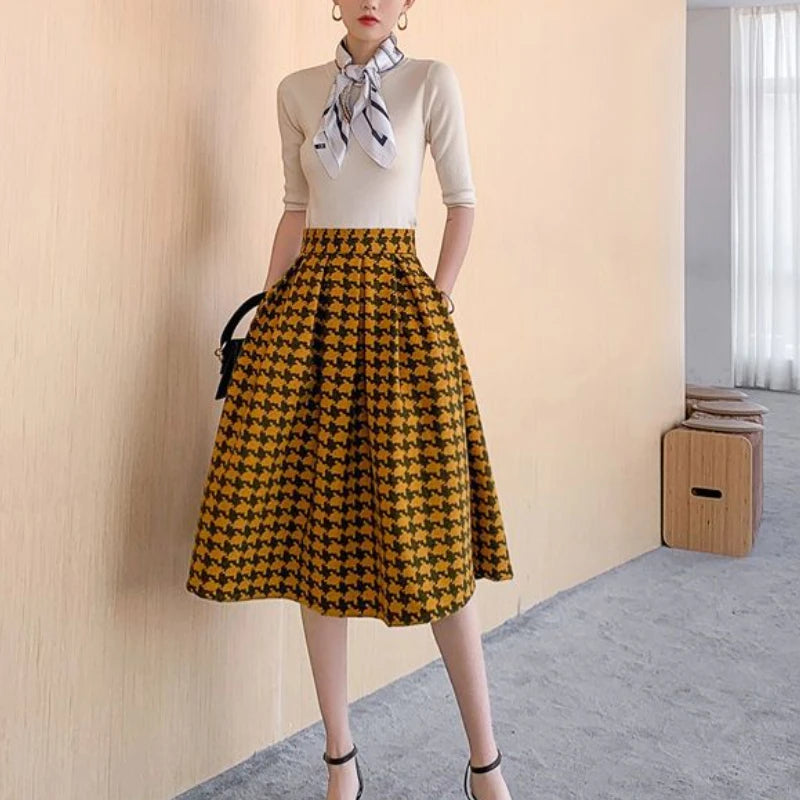 Plaid Woolen Skirts for Women Retro  A-line Contrast Color Long Skirt