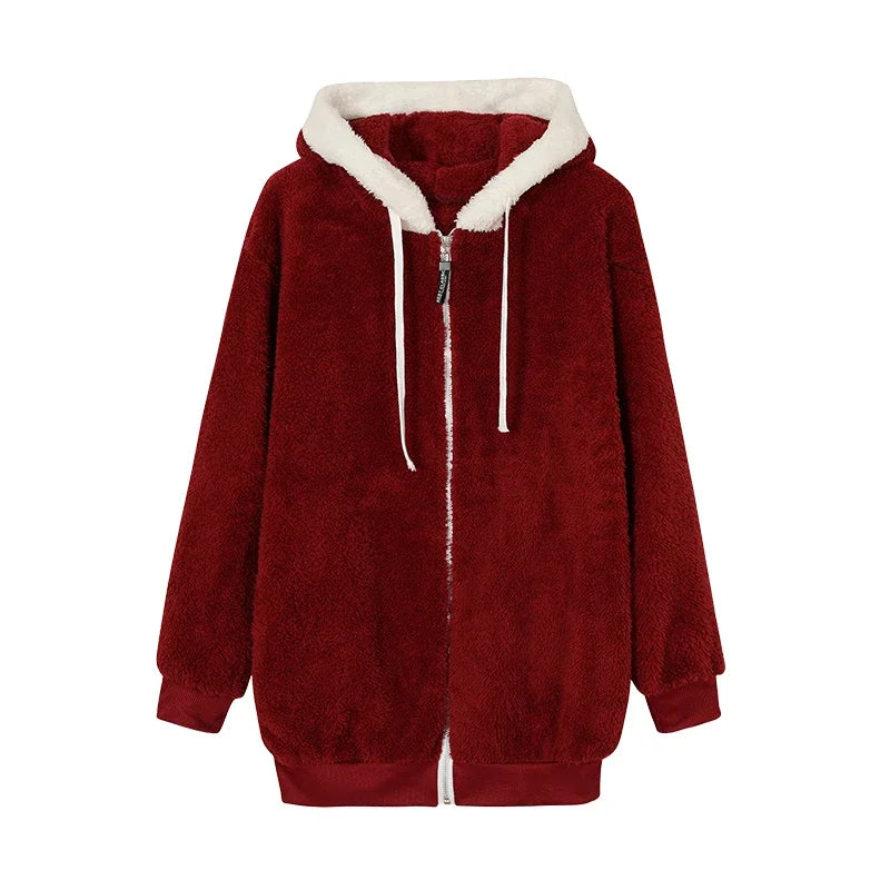 Autumn And Winter Loose Plush Zipper Hooded Jacket Woman