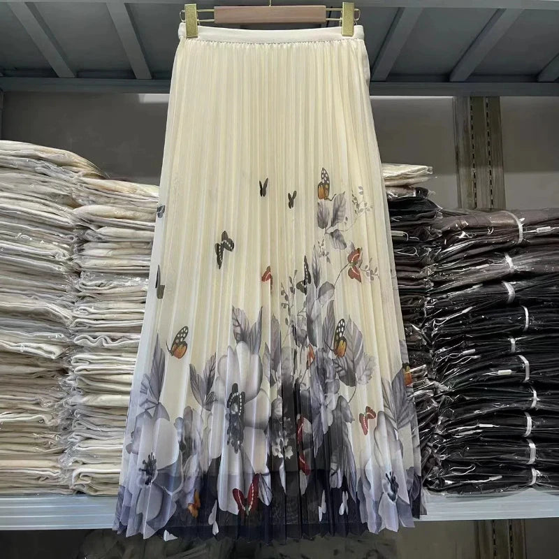 High Waisted Butterfly Printing  Gauze Pleated Casual Spring Autumn Knee Skirt