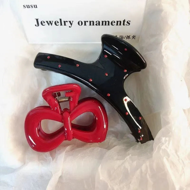2Pcs/set Vintage Blue Polka Dot Red Bow Hair Clip Shark Claw Clamp Hairpin Barrette Accessory For Women