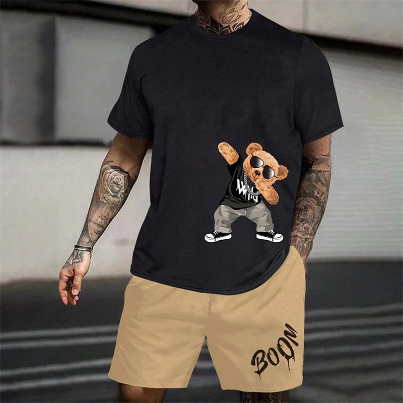 Fun Bear T-Shirt Men's Summer Loose Daily Couple Suit Outdoor Street Short Sleeve Shorts Two Piece Men Summer Suit