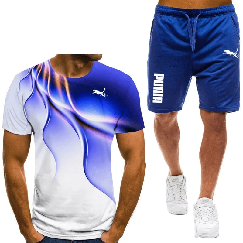 Two piece animal pattern printed men's suit summer casual daily men's short sleeved T-shirt outdoor street men's sports shorts