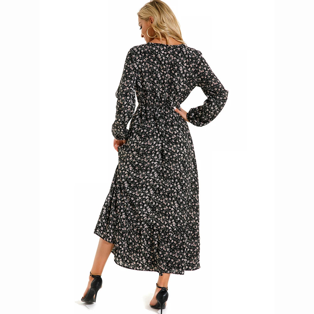 Bohemian Women's Maxi Dress Casual Long Sleeve High Waist Beach Woman Chiffon Dresses Floral
