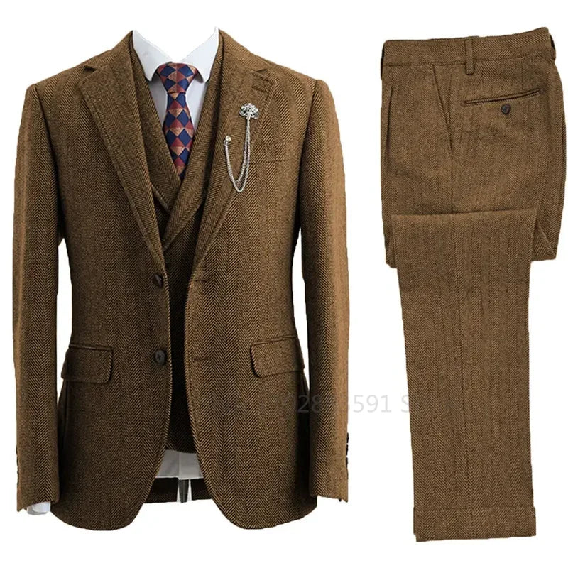 3 Piece Men Suit Tweed Herringbone Double-Breasted Wedding Tuxedos Size Men Clothing Casual Style Men's Fashion