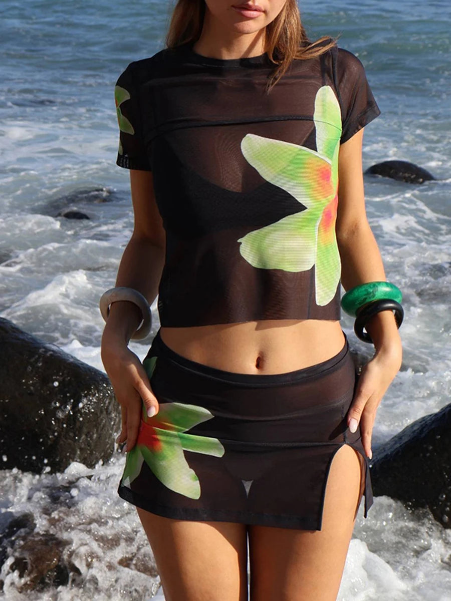 Women s 2 Piece Summer Set with Floral Print Sheer Mesh Short Sleeve Top and Casual Mini A-line Skirt in Matching Design