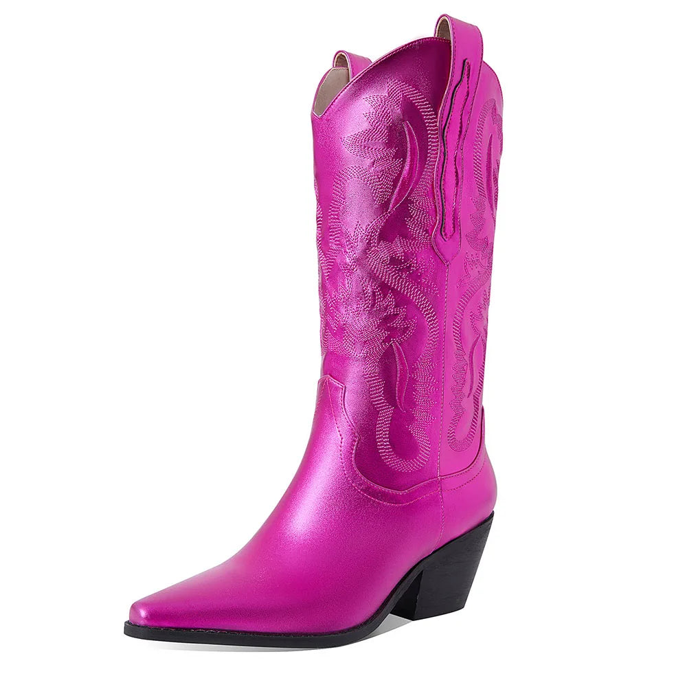 Embroidered Mid-Calf Western Boots Block High Heel Pointed Toe Pull-On Shoes