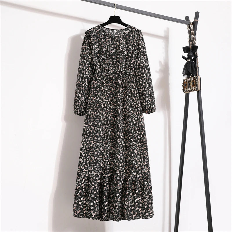 Spring Summer Women Maxi Dresses Casual Full Sleeve Floral Printed O-neck Woman Boho Beach Party Long Dress