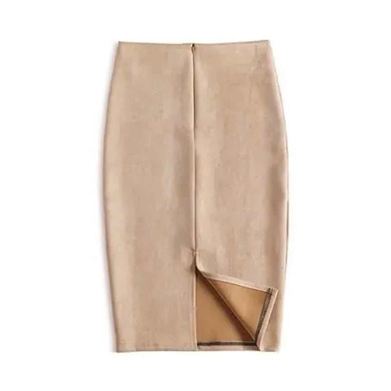 Suede  Knee Length High Waist Office Skirt