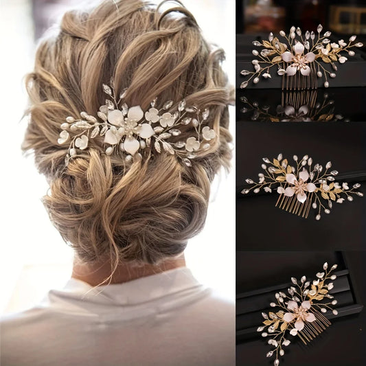 Crystal Flower Leaf Pearl Hair Comb Pin Band Headband For Women  Party Wedding Bridal Hair Accessories Jewelry