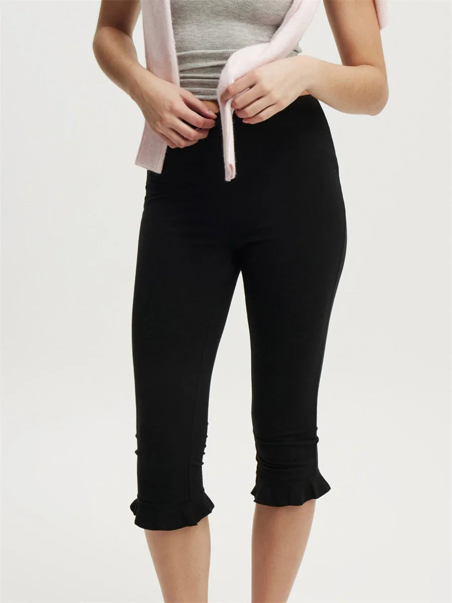 Women s Mid Waist Leggings with Solid Color Elastic Waist and Ruffled hem Casual Fashion Comfortable