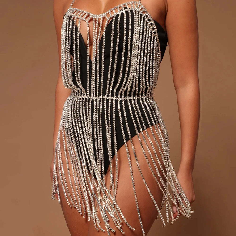 Sexy Rhinestone Body Dress Harness Bodysuit  Rave Lingerie Tassel Body Chain  Jewelry