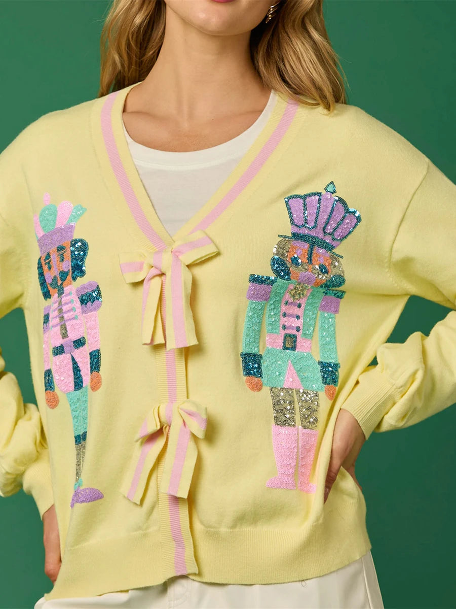 Women s Festive Print Long Sleeve Button Down Knit Cardigan Sweater with Sequin Detail and V Neckline