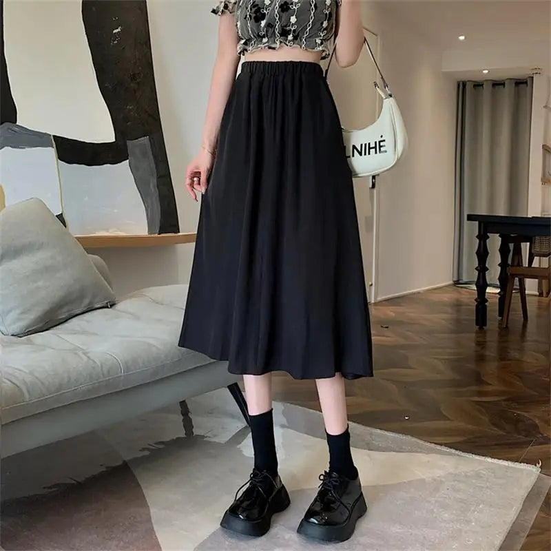 Vintage Floral Print A-line Pleated Long Skirts Summer Women Skirt Streetwear Drawstring Elastic Waist Midi Skirt