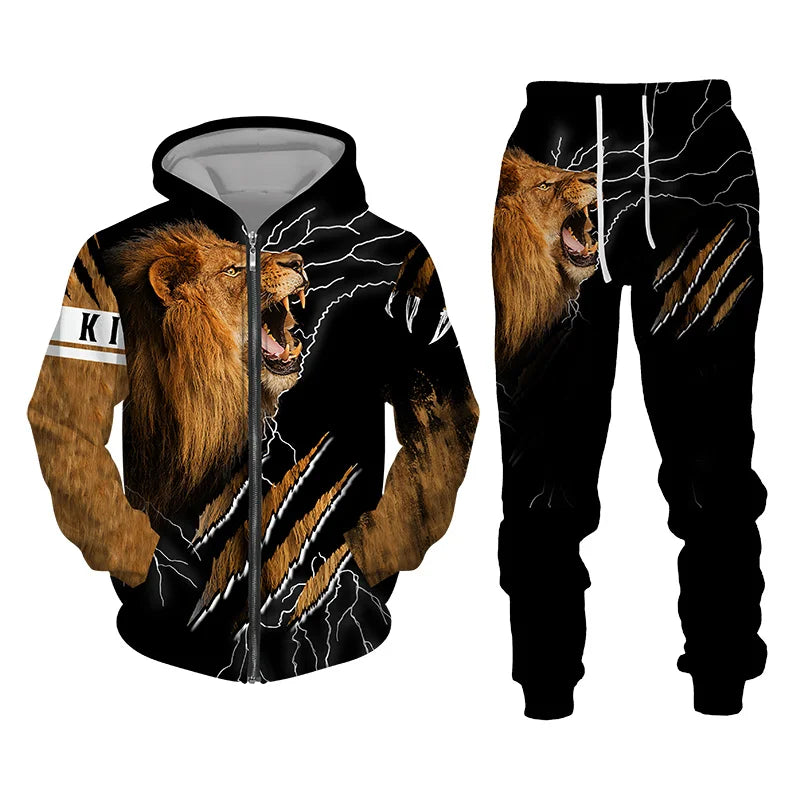 Men's Tracksuit 3D The Lion Print Zipper Hoodies Sweatshirts Pants Sets Casual Men's Clothing Women's Tracksuit
