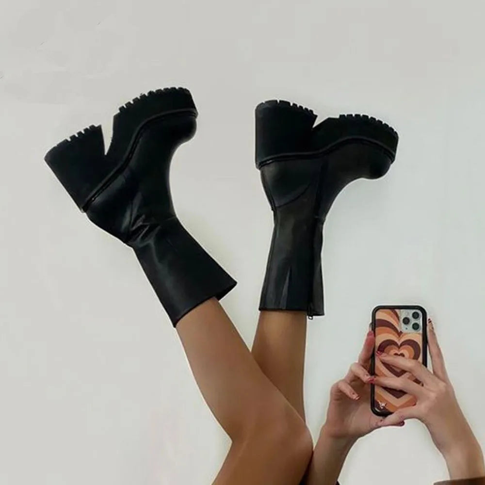 Punk Goth Platform Chunky High Heel  Ankle Boots Round Toe Side Zipper Shoes