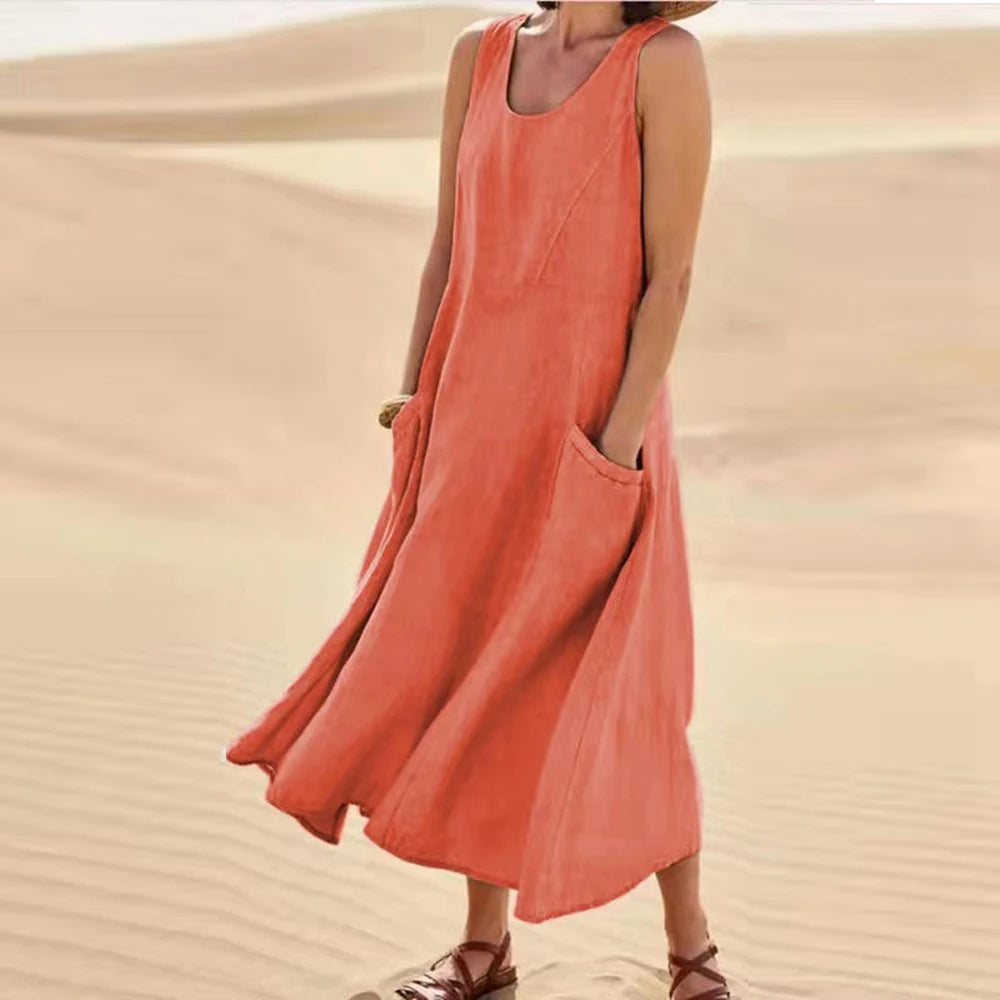 Cotton Linen Sleeveless Dress for Women Summer Pullover Fashion Female Clothing Short Sleeved Loose Long Dress