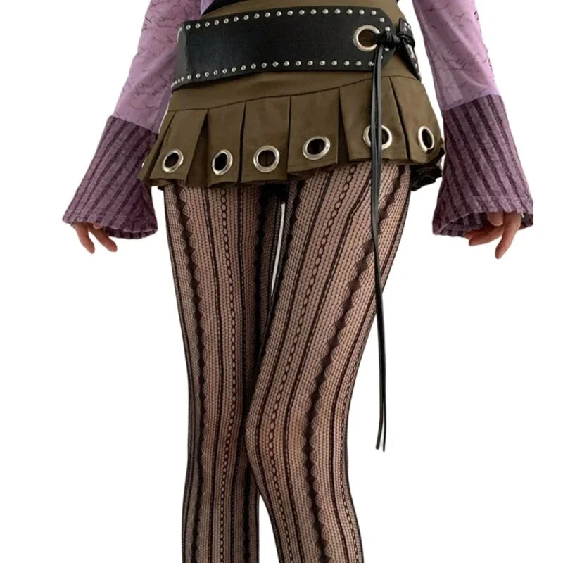Women Vintage Solid Fishnet Lace Pattern Tights Stockings Hollowed Rhombus Striped Geometric Jacquard Pantyhose Leggings