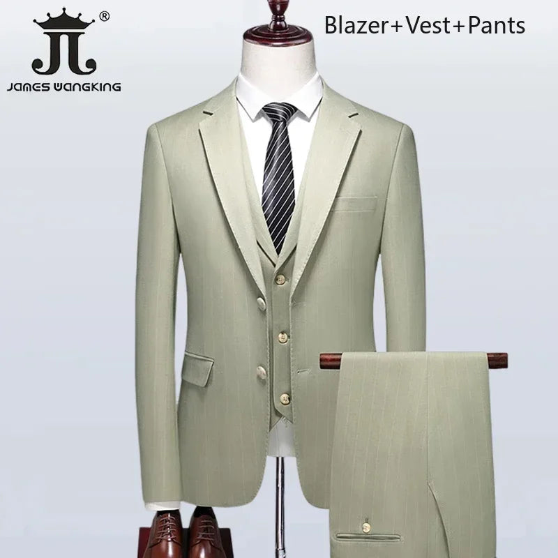( Blazer + Vest + Pants ) Boutique British Style Men's Suit Plaid Dress Business Casual Formal Suits 3Pcs Set