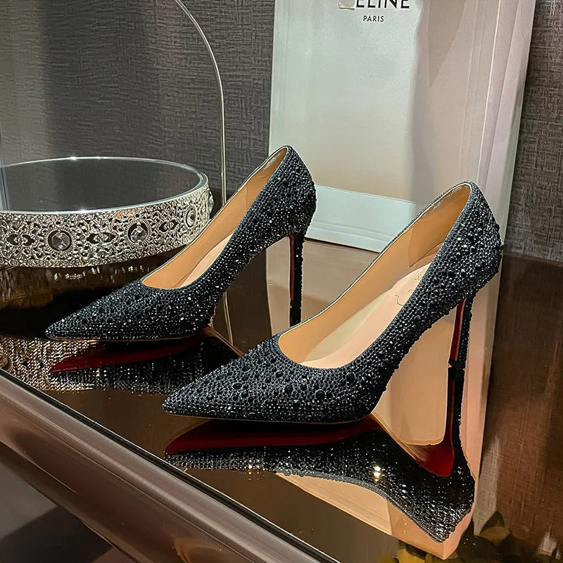 Pumps Slender Fashion Dress Sexy Heel High Heels Pointed Black Rhinestone