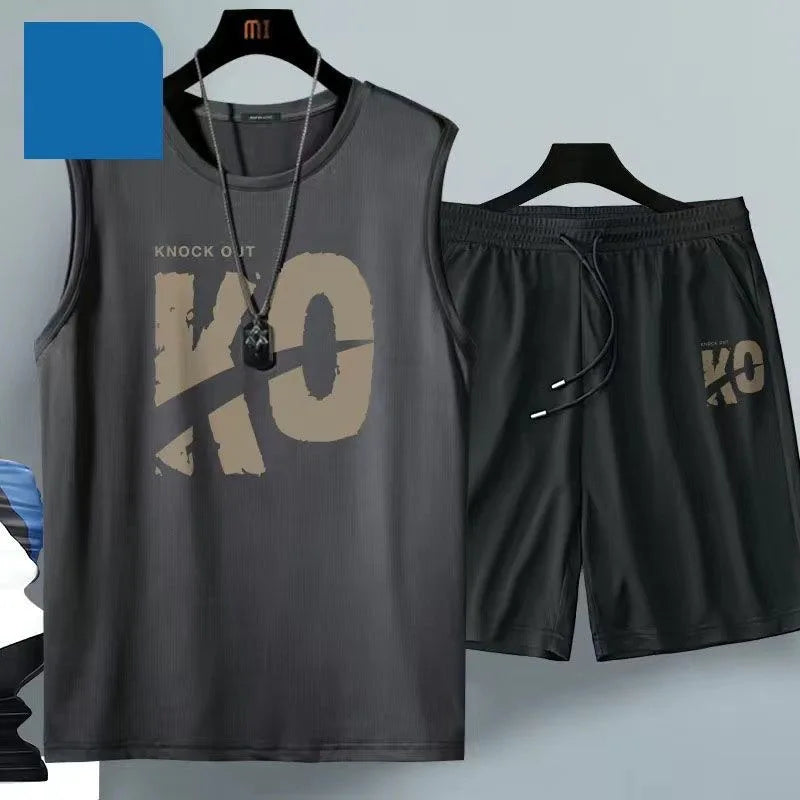 Summer Men Clothing  Breathable fashion Sportswear Basketball suit casual short-sleeved T-shirt + shorts 2-piece