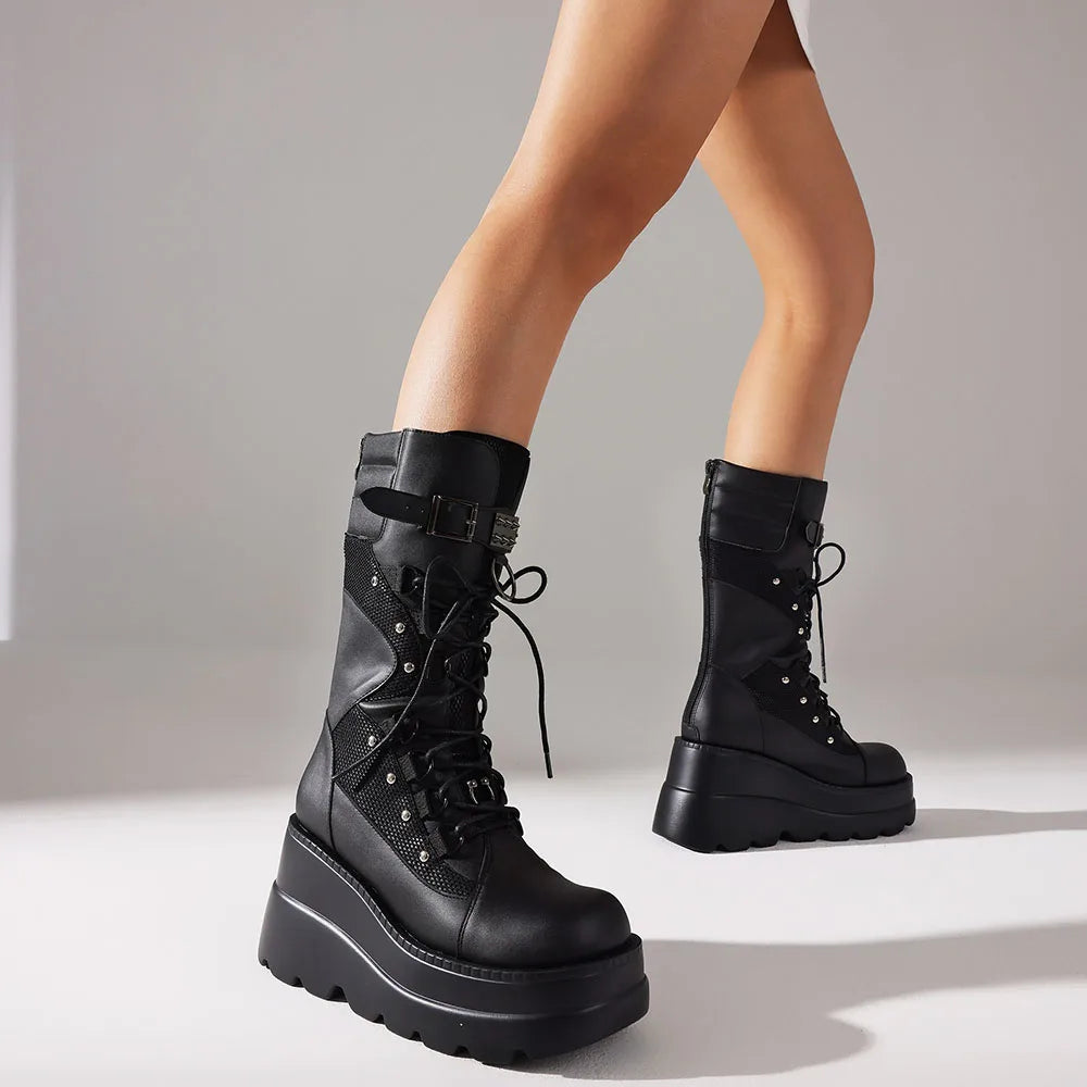 Combat Motorcycle Boots  High Platform Block High Heel Back Zipper Buckle Lace-Up Round Toe Punk Mid-Calf Boots