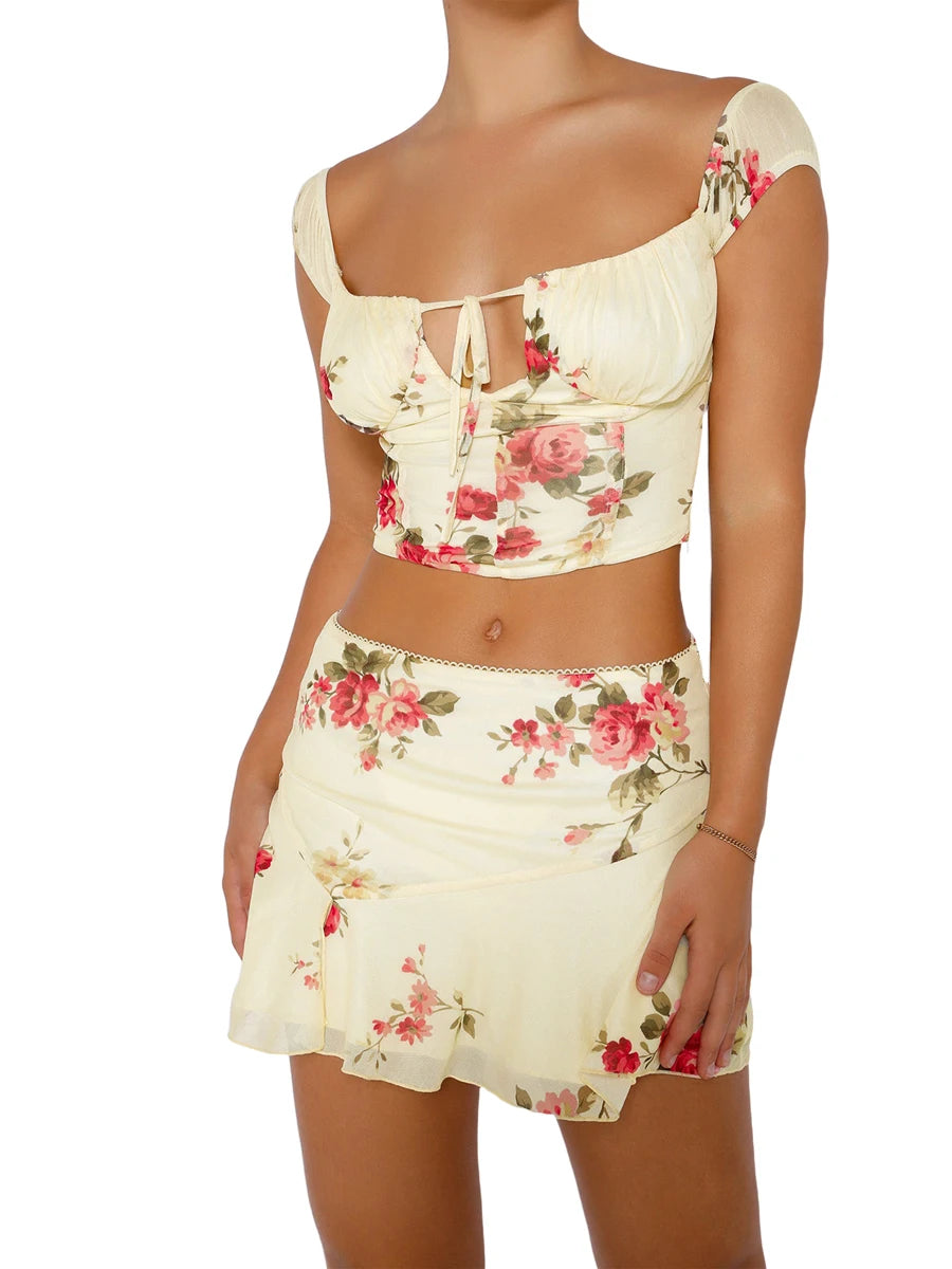 Women s Matching Set Cap sleeve Ruffle Crop Top and High Waisted Shorts Floral Print Summer Outfit